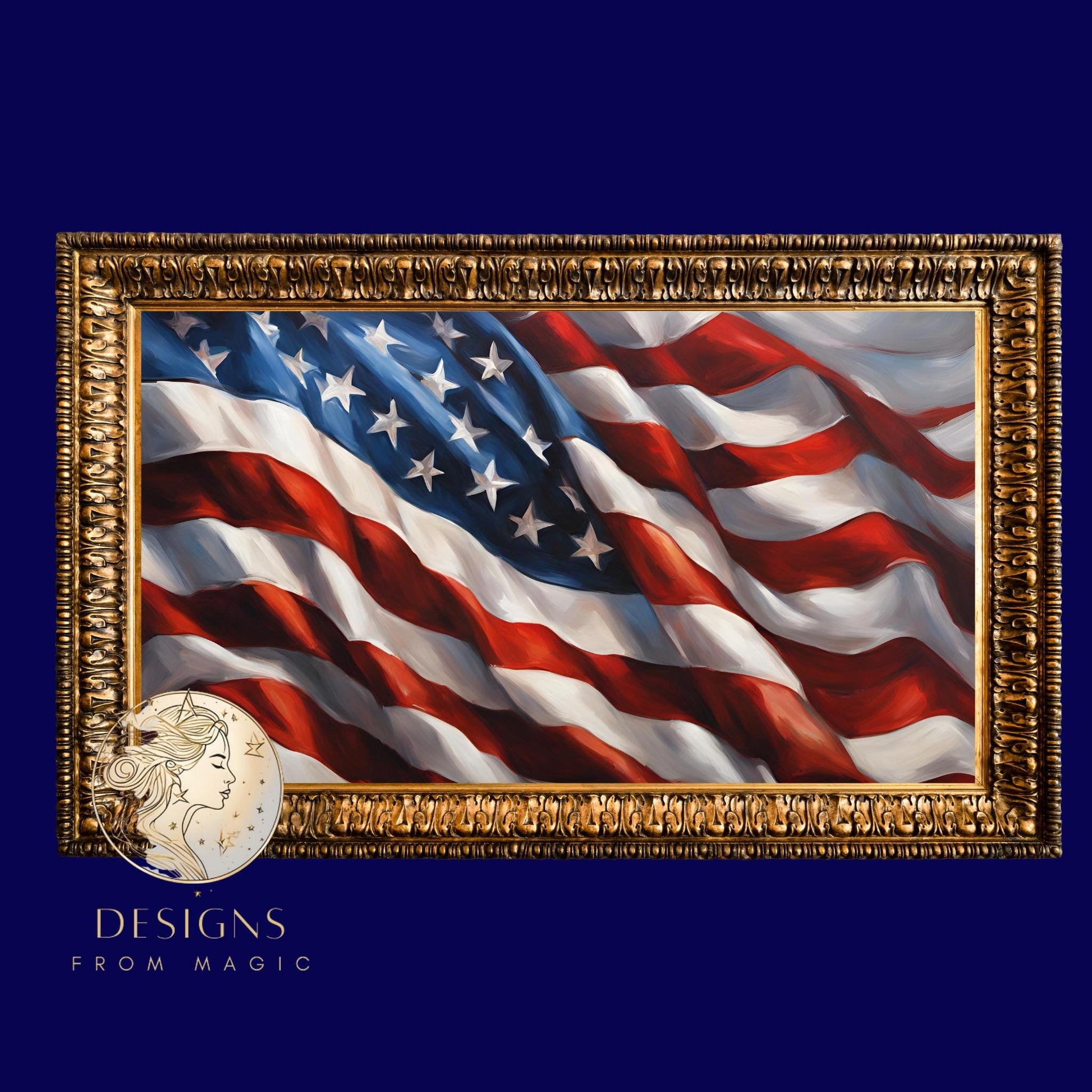 a painting of an american flag in a gold frame