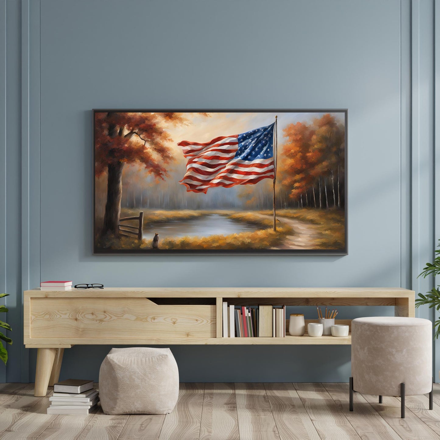 a painting of an american flag hanging on a wall