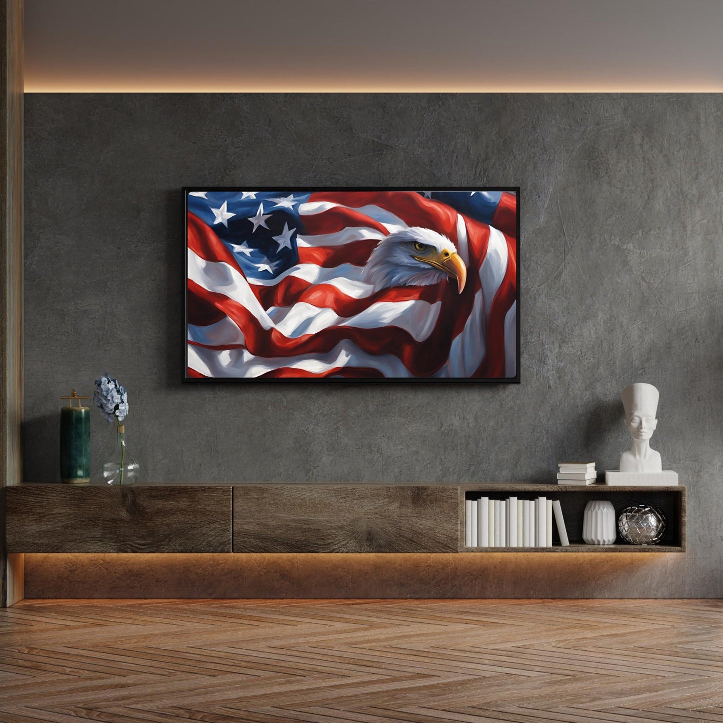 a living room with a large american flag on the wall