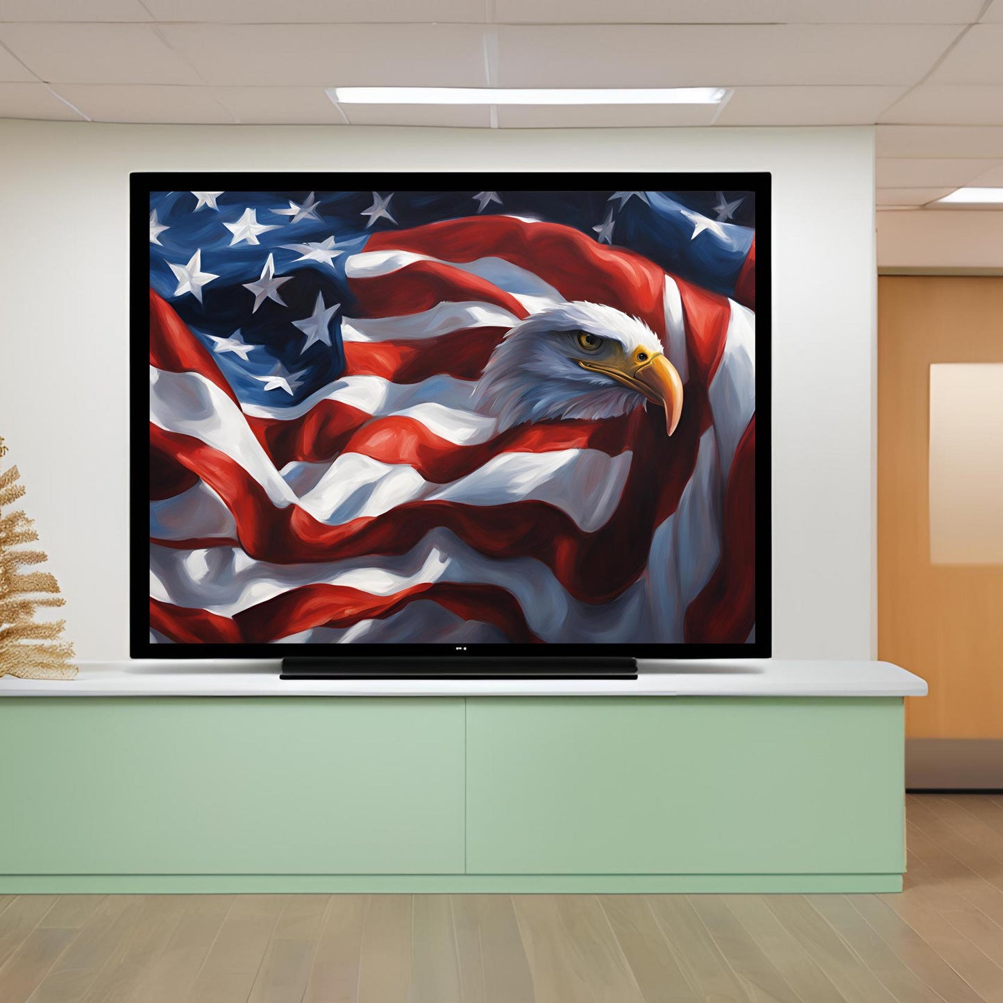 a television screen with an eagle and the american flag on it