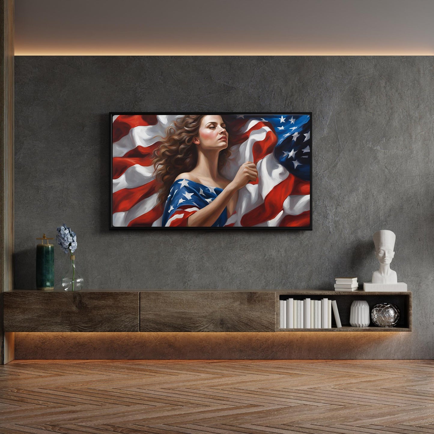 a painting of a woman holding an american flag