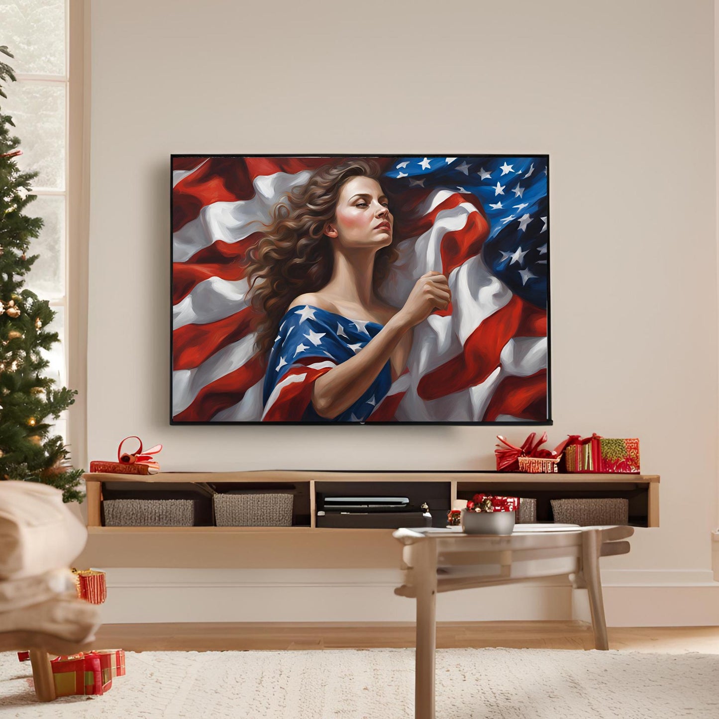 a painting of a woman holding an american flag