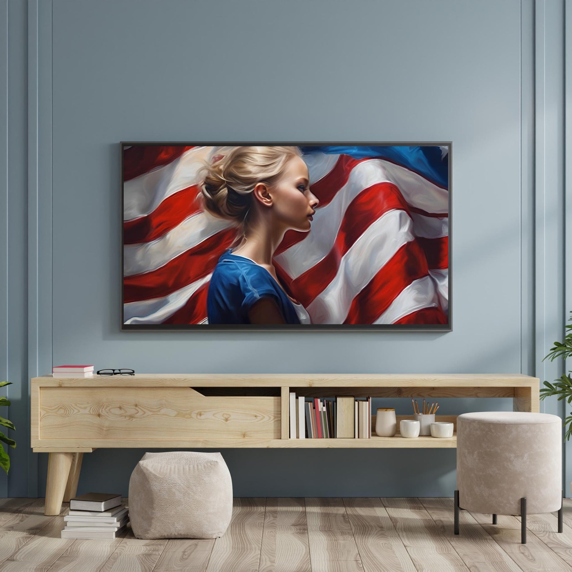 a painting of a woman with an american flag behind her