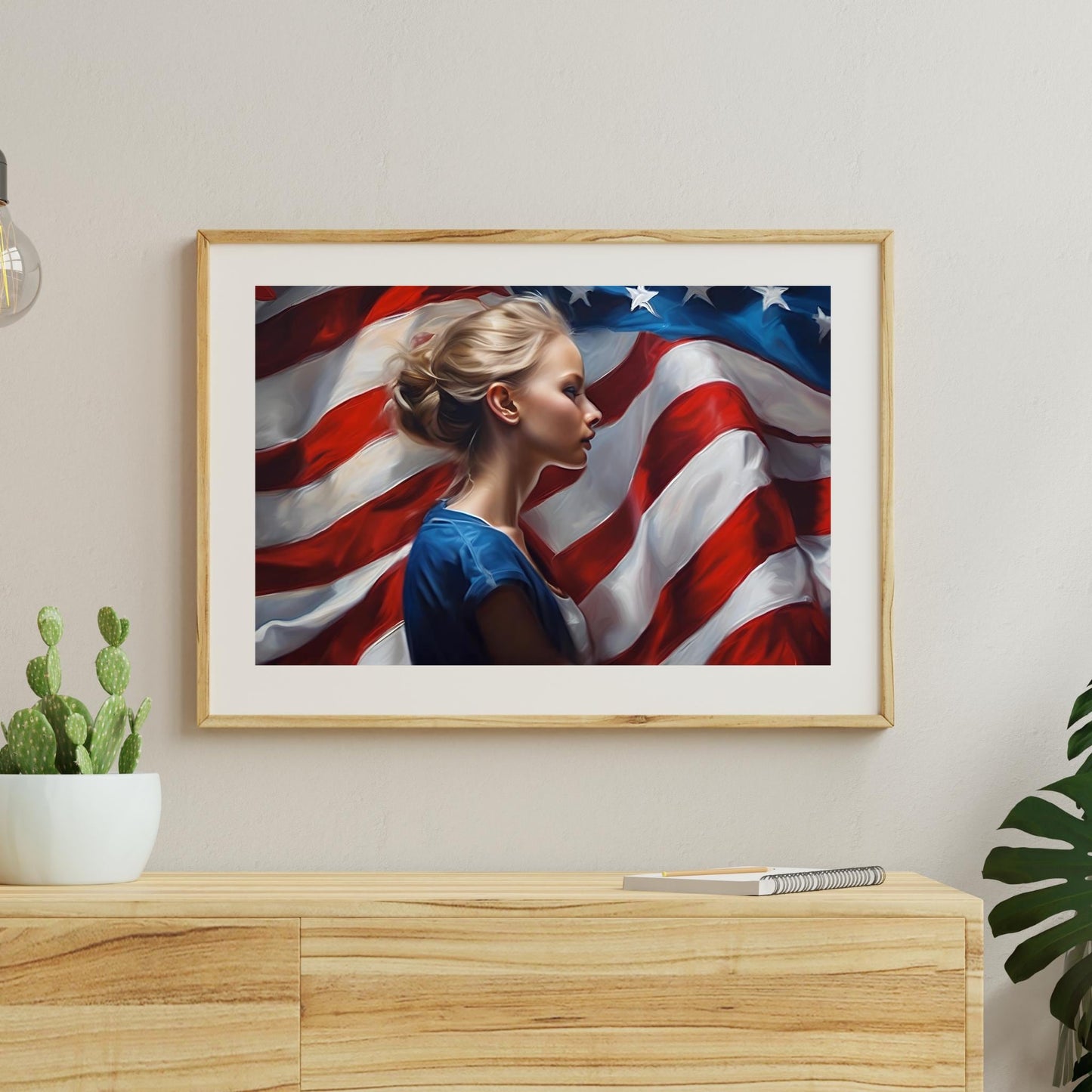 a painting of a woman in front of an american flag