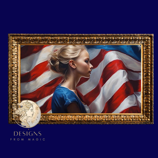 a painting of a woman with an american flag in the background