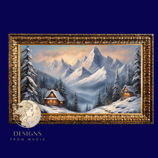 a painting of a snowy mountain scene with a clock