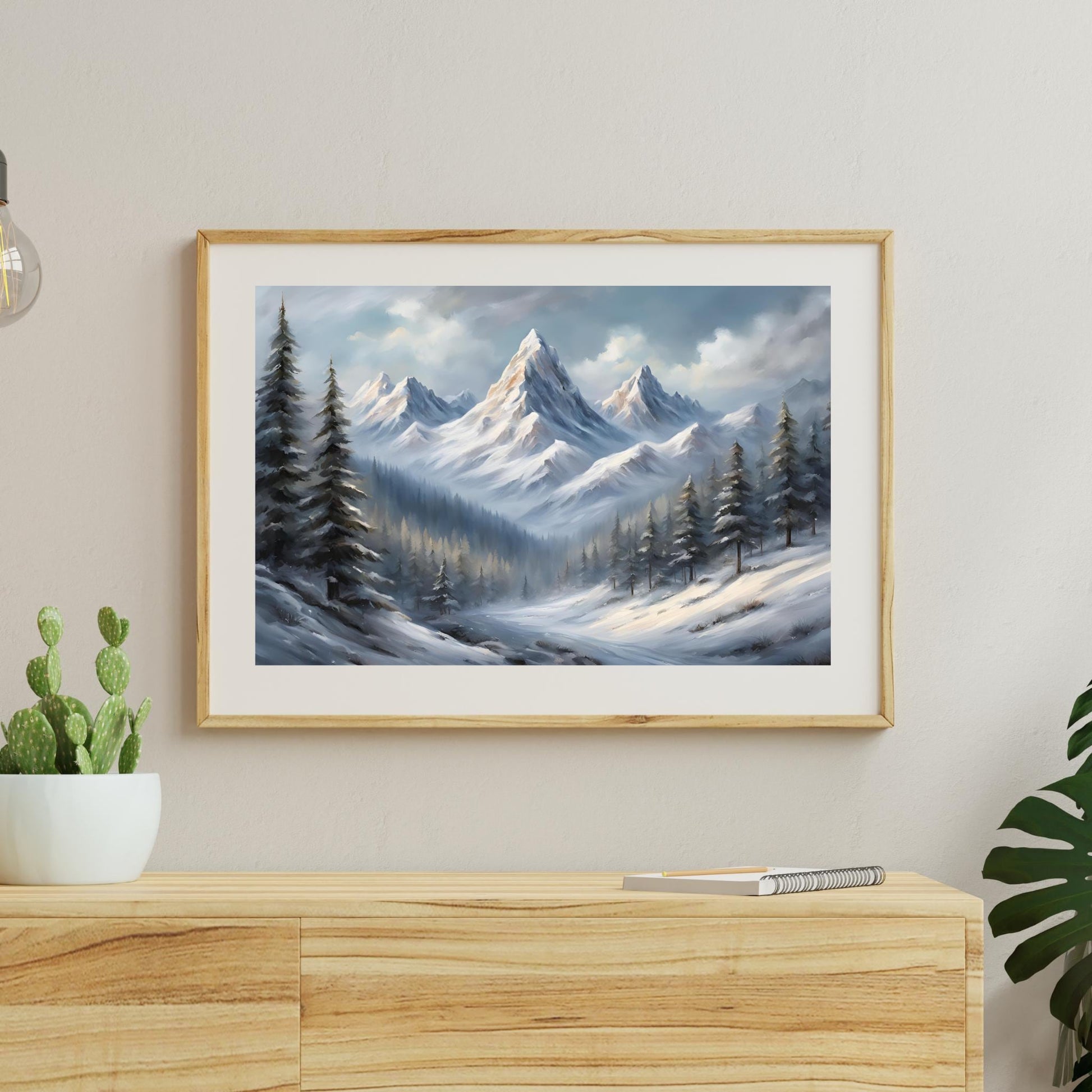 a painting of a snowy mountain with pine trees