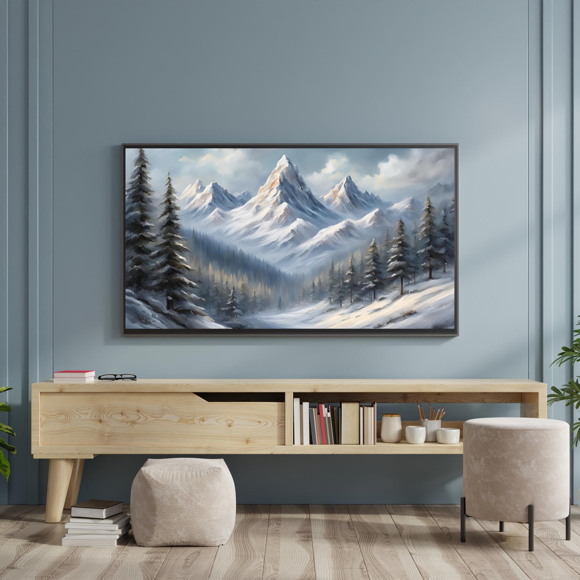 a painting of a snowy mountain with pine trees