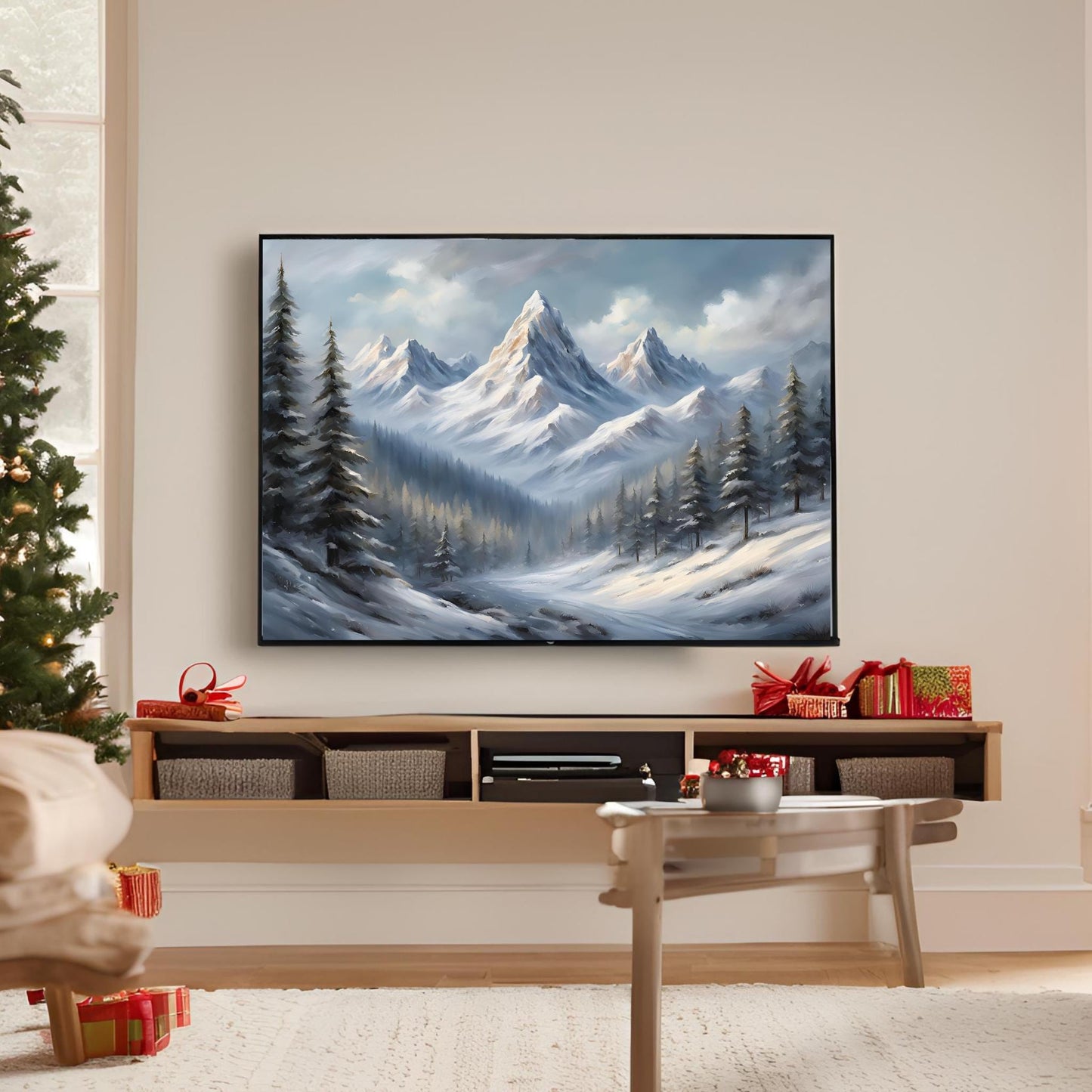 a living room with a christmas tree and a painting on the wall