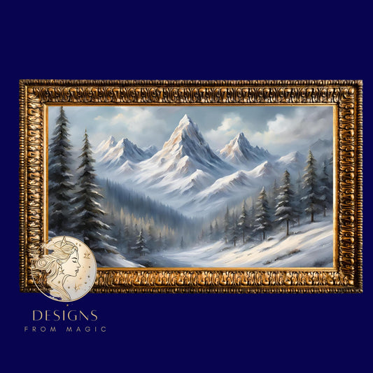 a painting of a snowy mountain scene with a clock