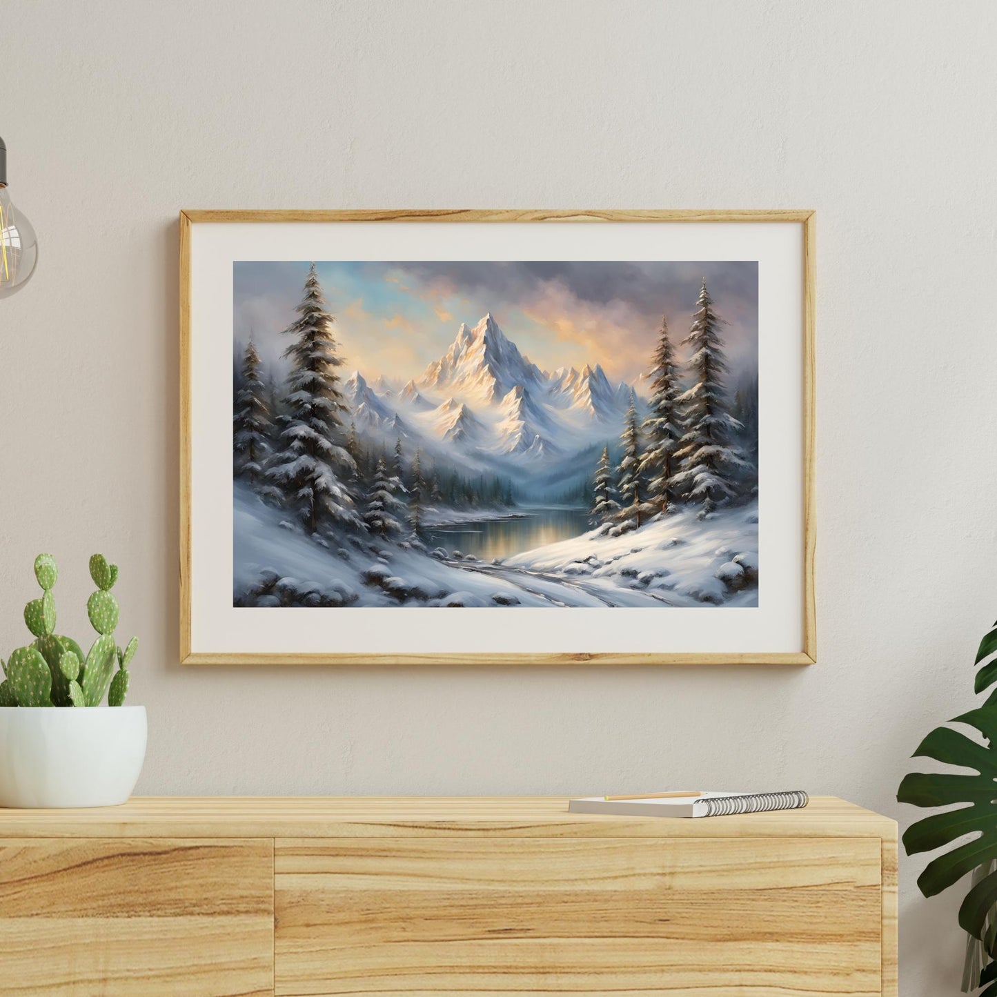 a painting of a snowy mountain scene hangs on a wall