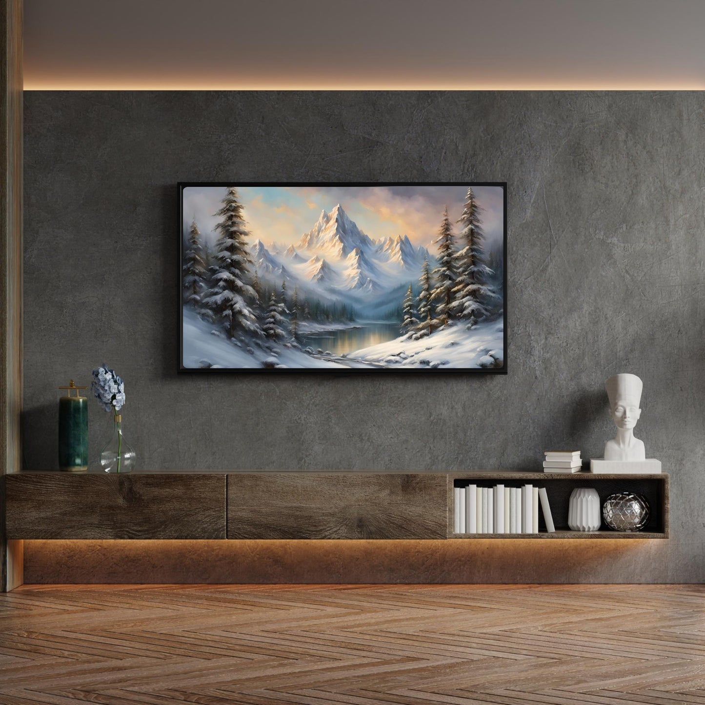 a living room with a large painting on the wall