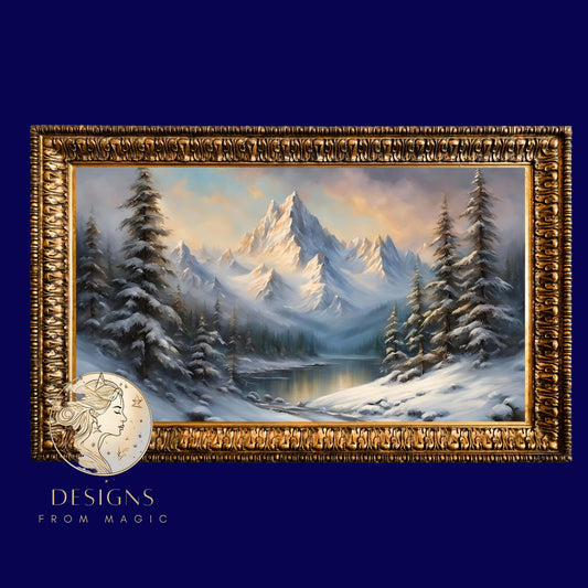 a painting of a snowy mountain scene in a gold frame