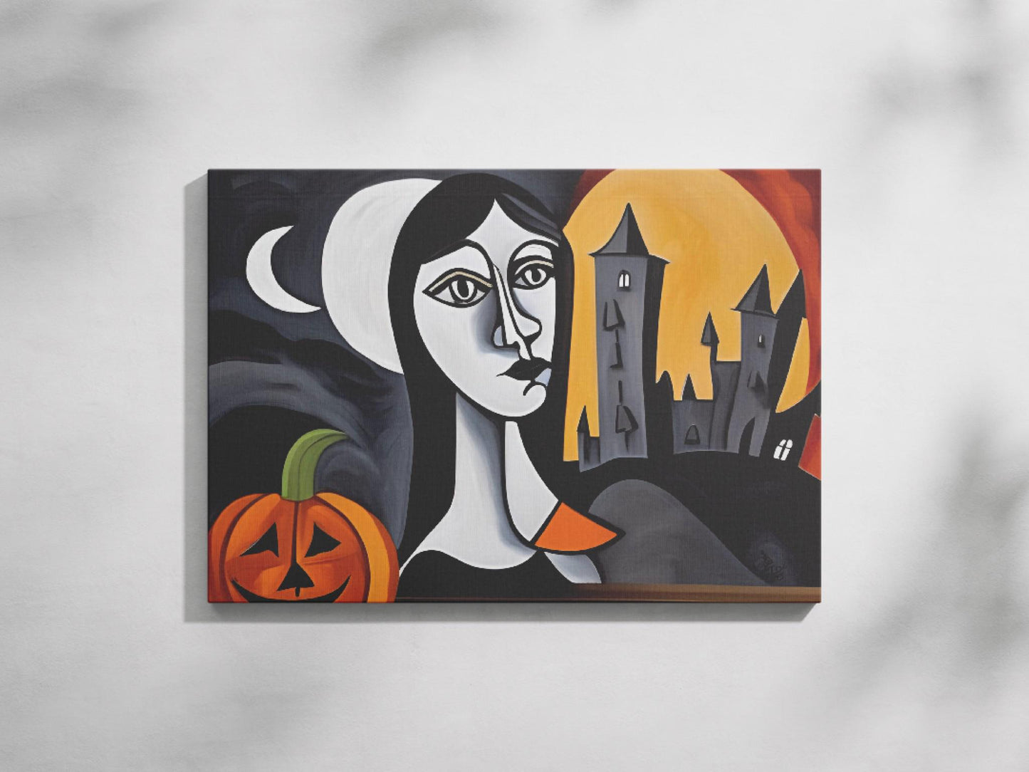 a painting of a woman with a pumpkin in front of a castle