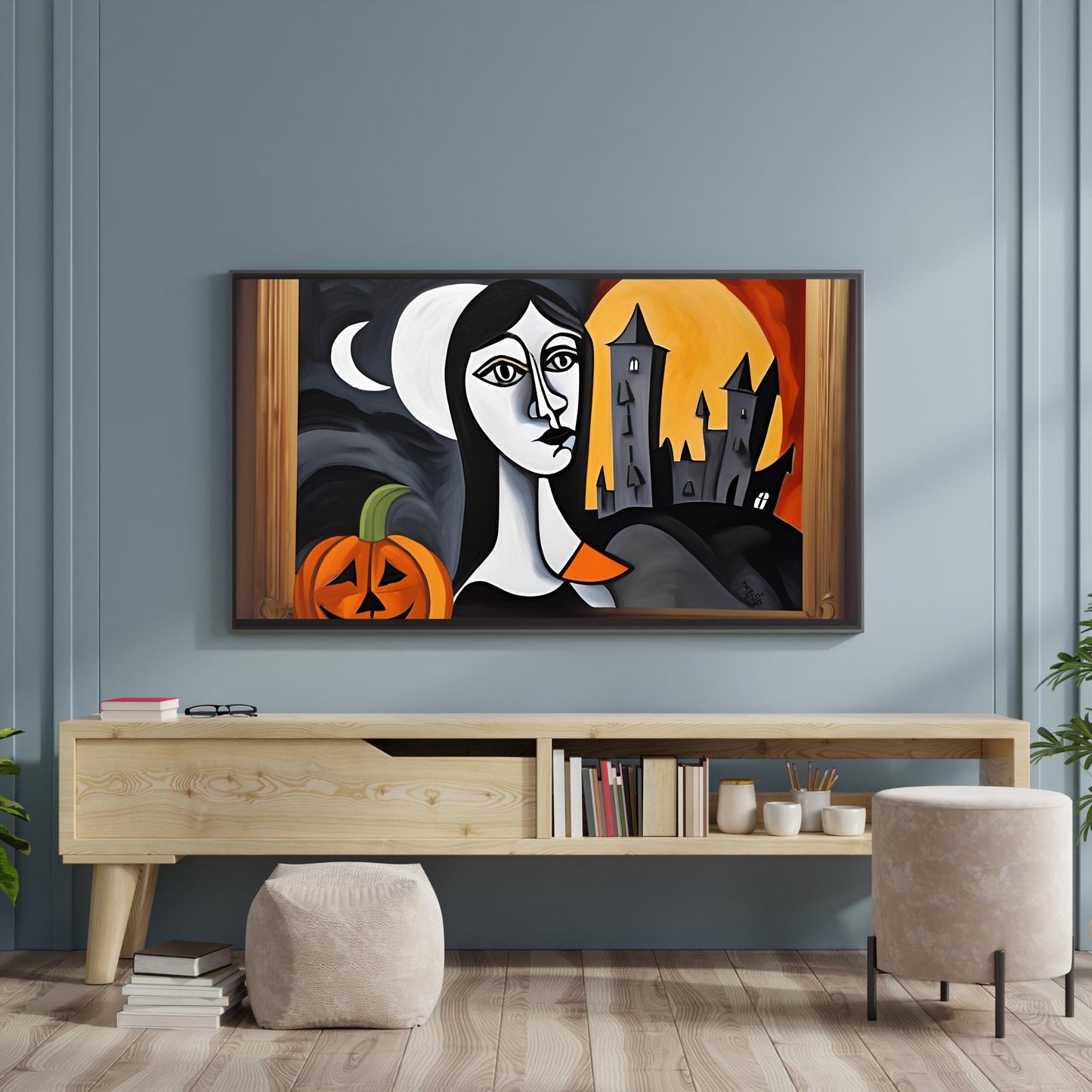 a painting of a woman with a pumpkin in her hand