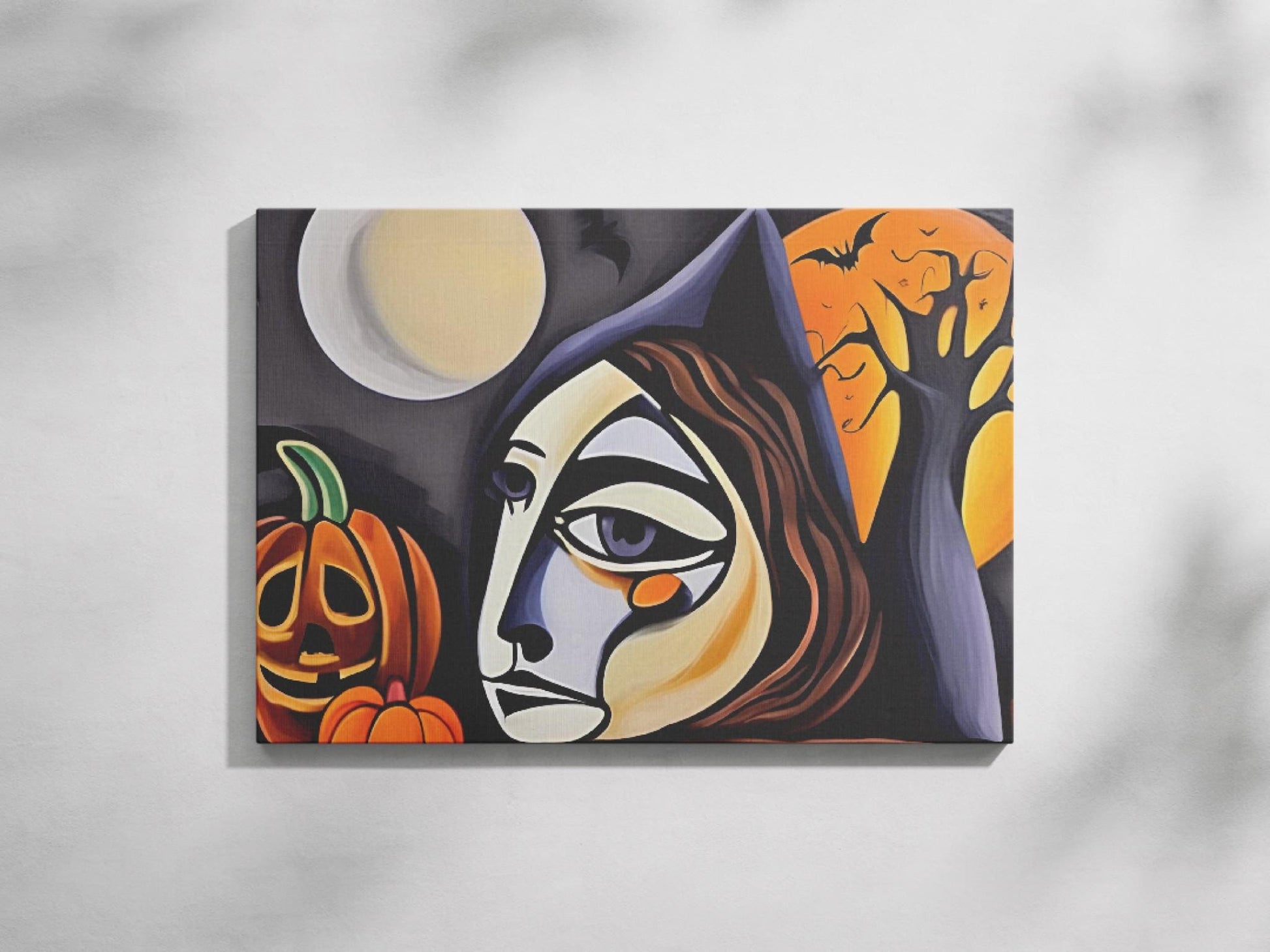 a painting of a woman&#39;s face with a full moon in the background