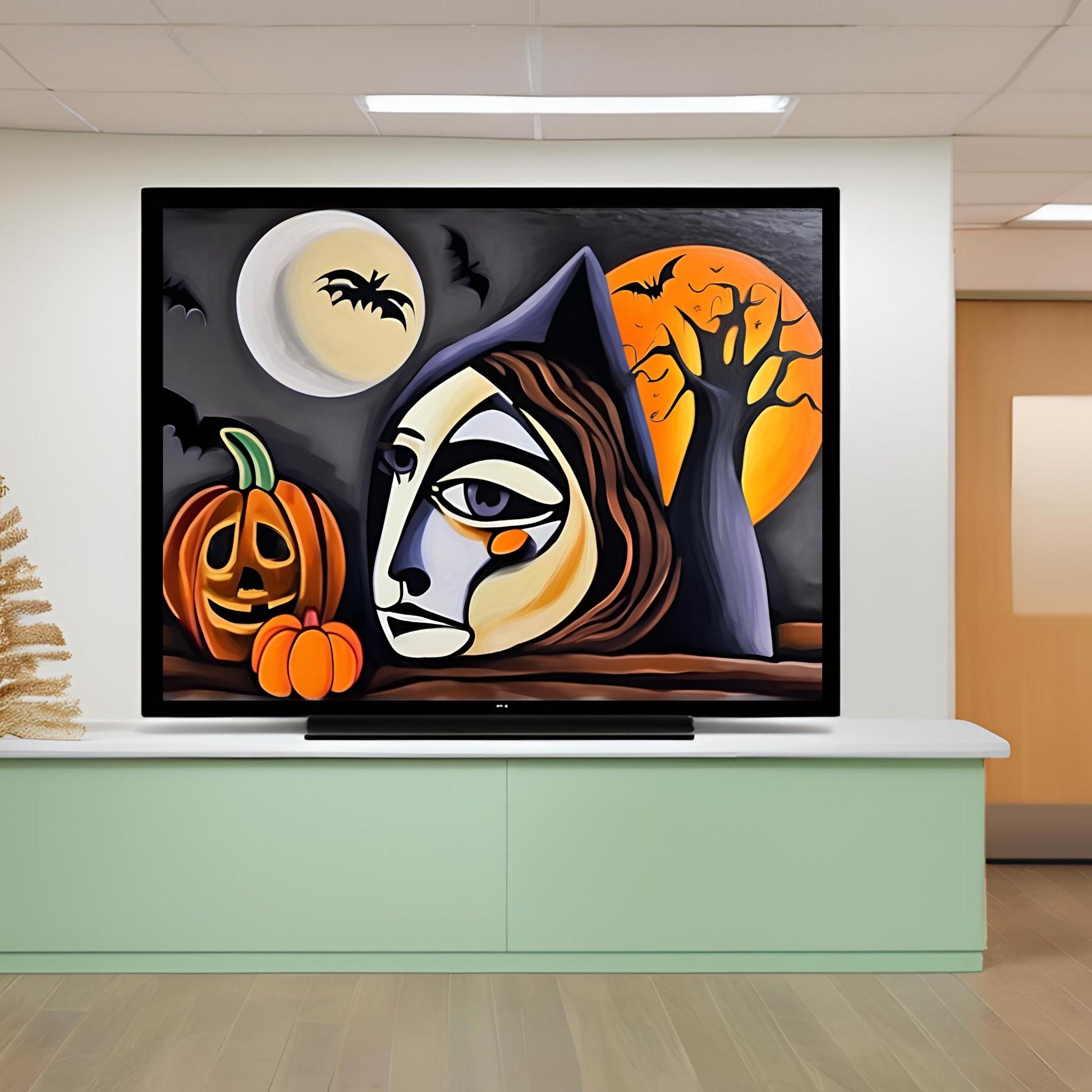 a painting of a witch and pumpkins on a wall