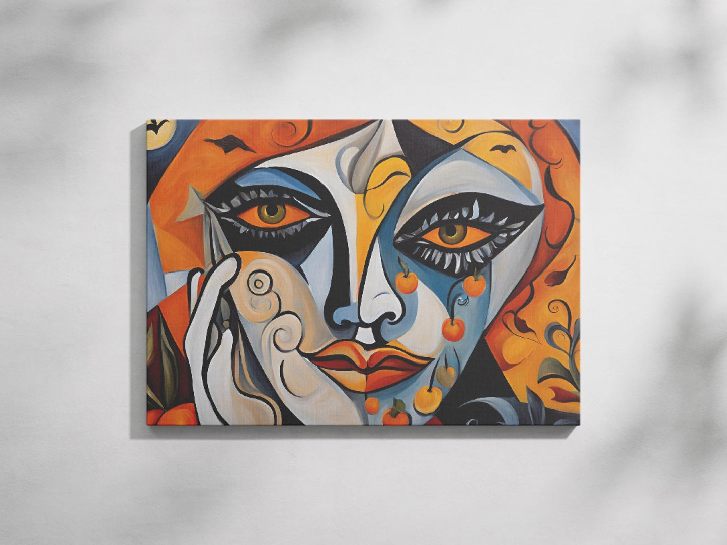 a painting of a woman&#39;s face on a white wall