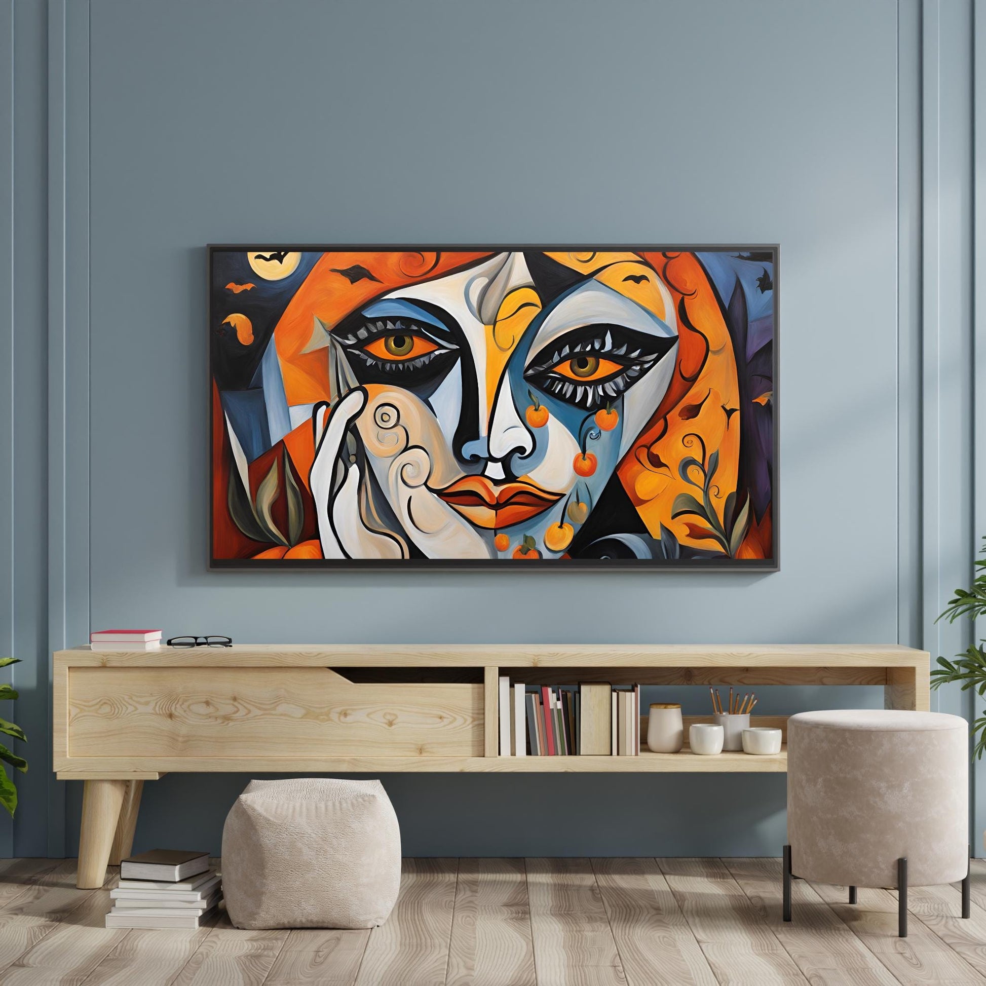 a painting of a woman&#39;s face on a blue wall