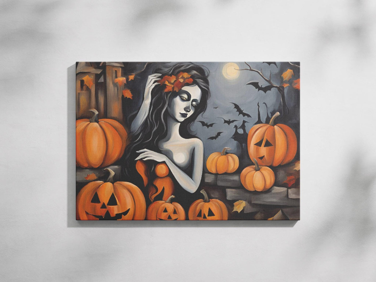 a painting of a woman surrounded by pumpkins