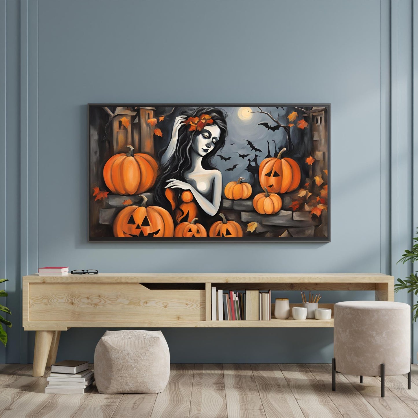 a painting of a woman surrounded by pumpkins