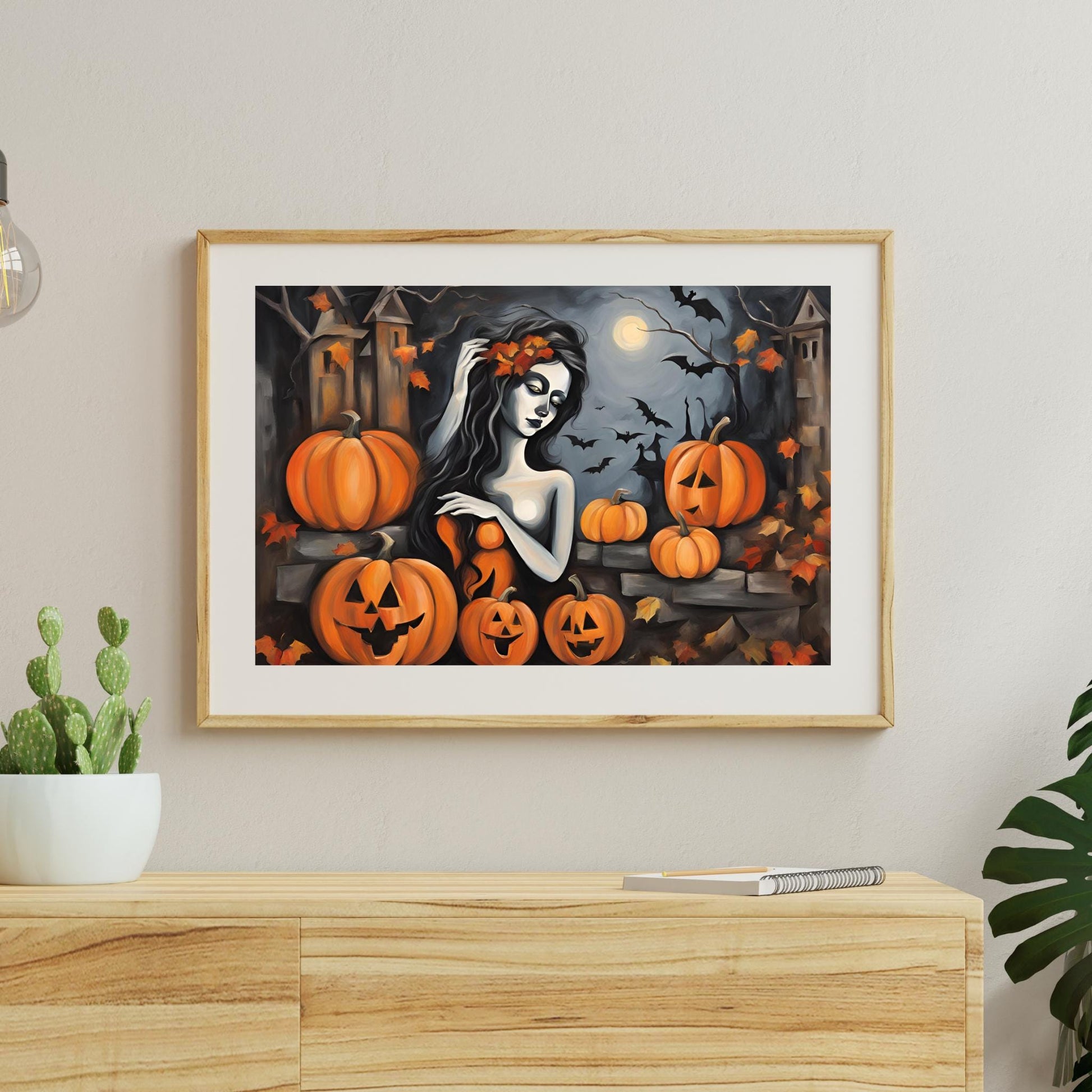 a painting of a woman surrounded by pumpkins