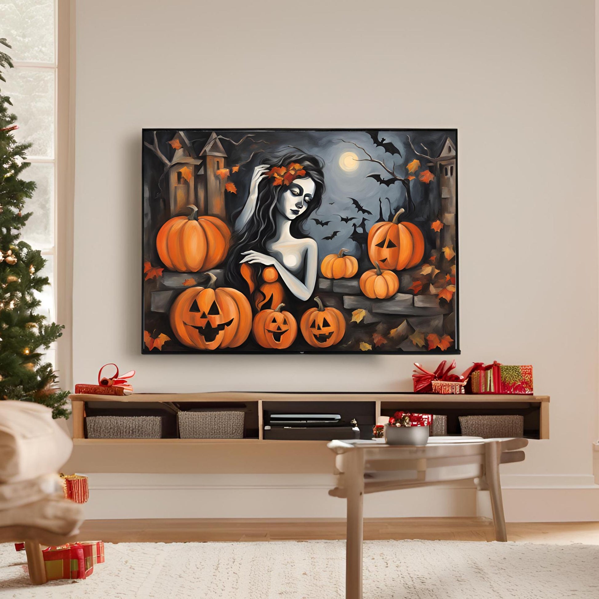 a living room with a painting of a woman surrounded by pumpkins