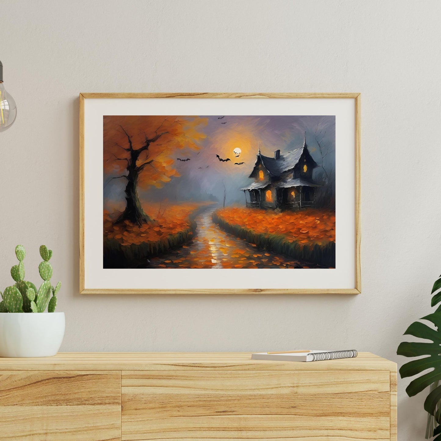 a painting of a house with a full moon in the background