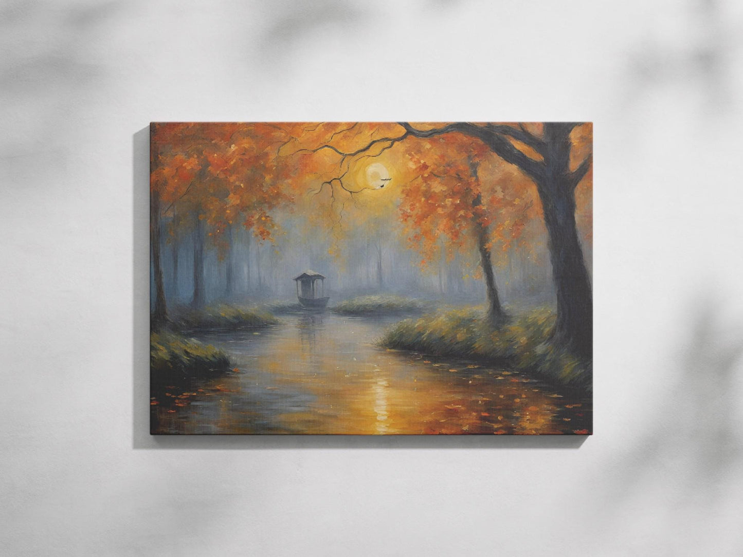 a painting on a wall of a river and trees