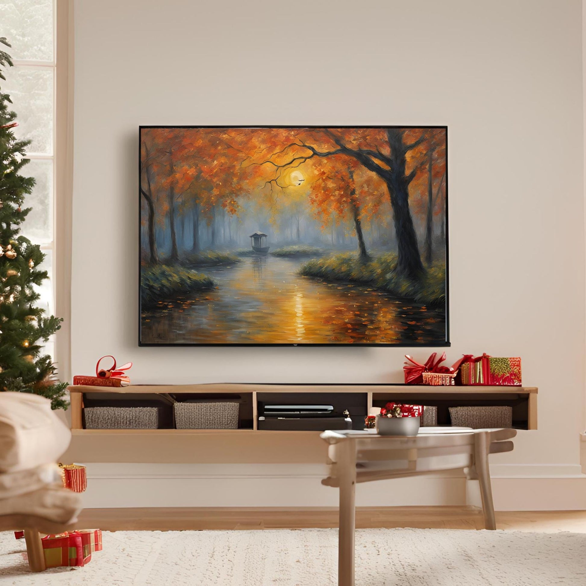 a living room with a christmas tree and a painting on the wall