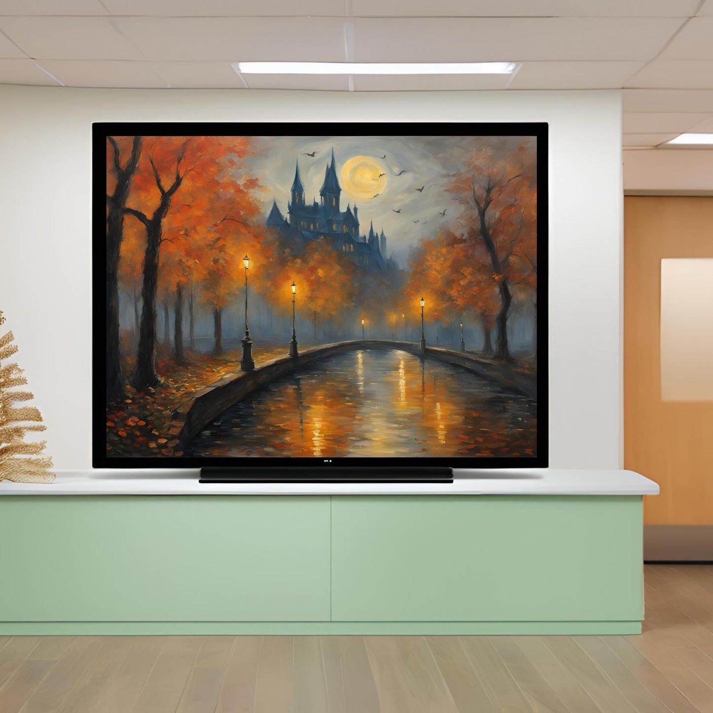 a painting of a castle on a wall above a tv