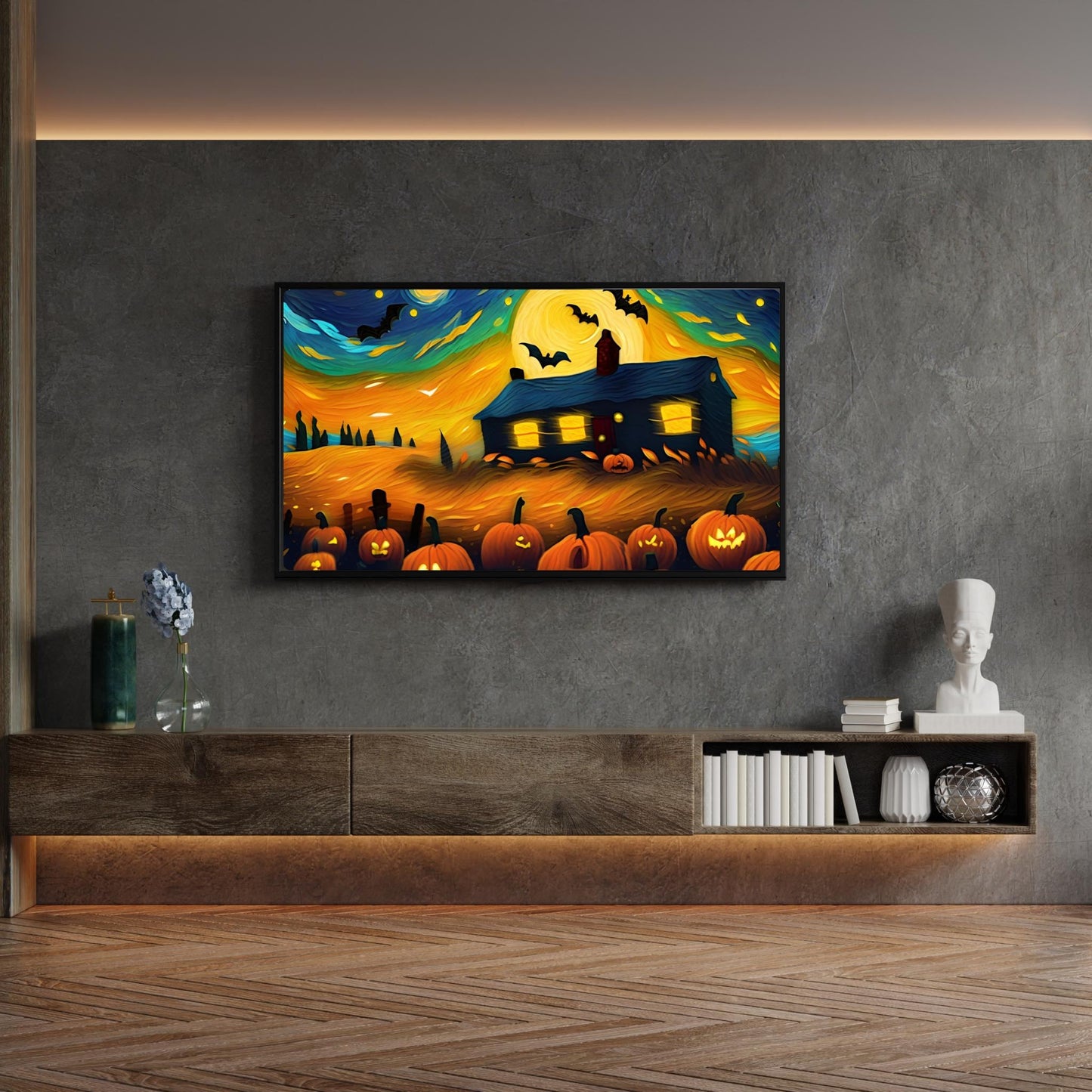 a painting of a house with pumpkins on it