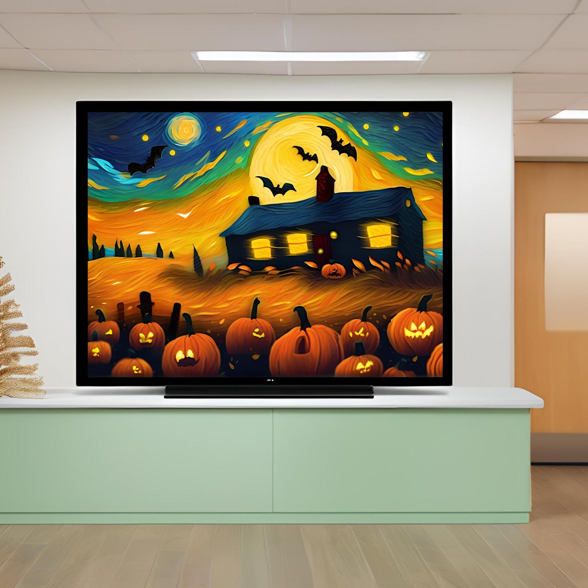 a painting of a house with pumpkins on it