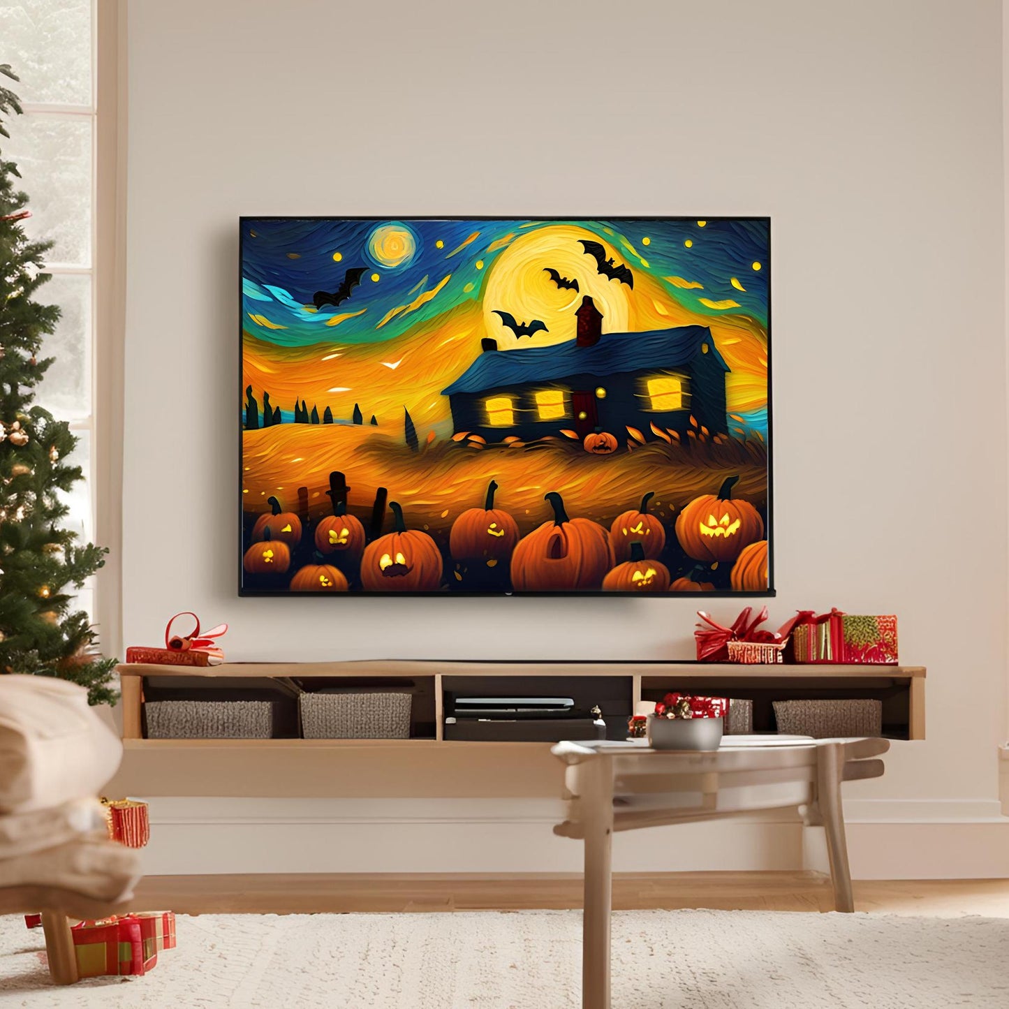 a painting of a house with pumpkins on it