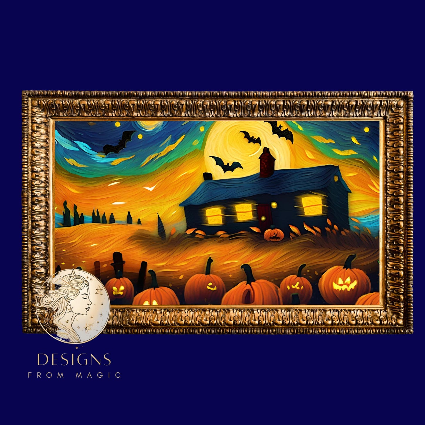 a painting of a house with pumpkins in front of it