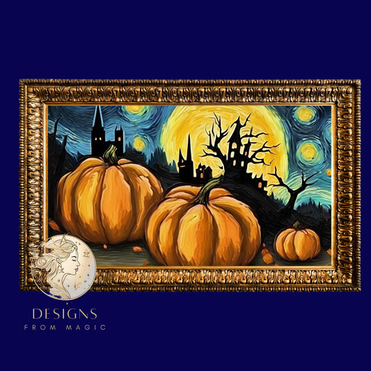 a painting of pumpkins with a castle in the background