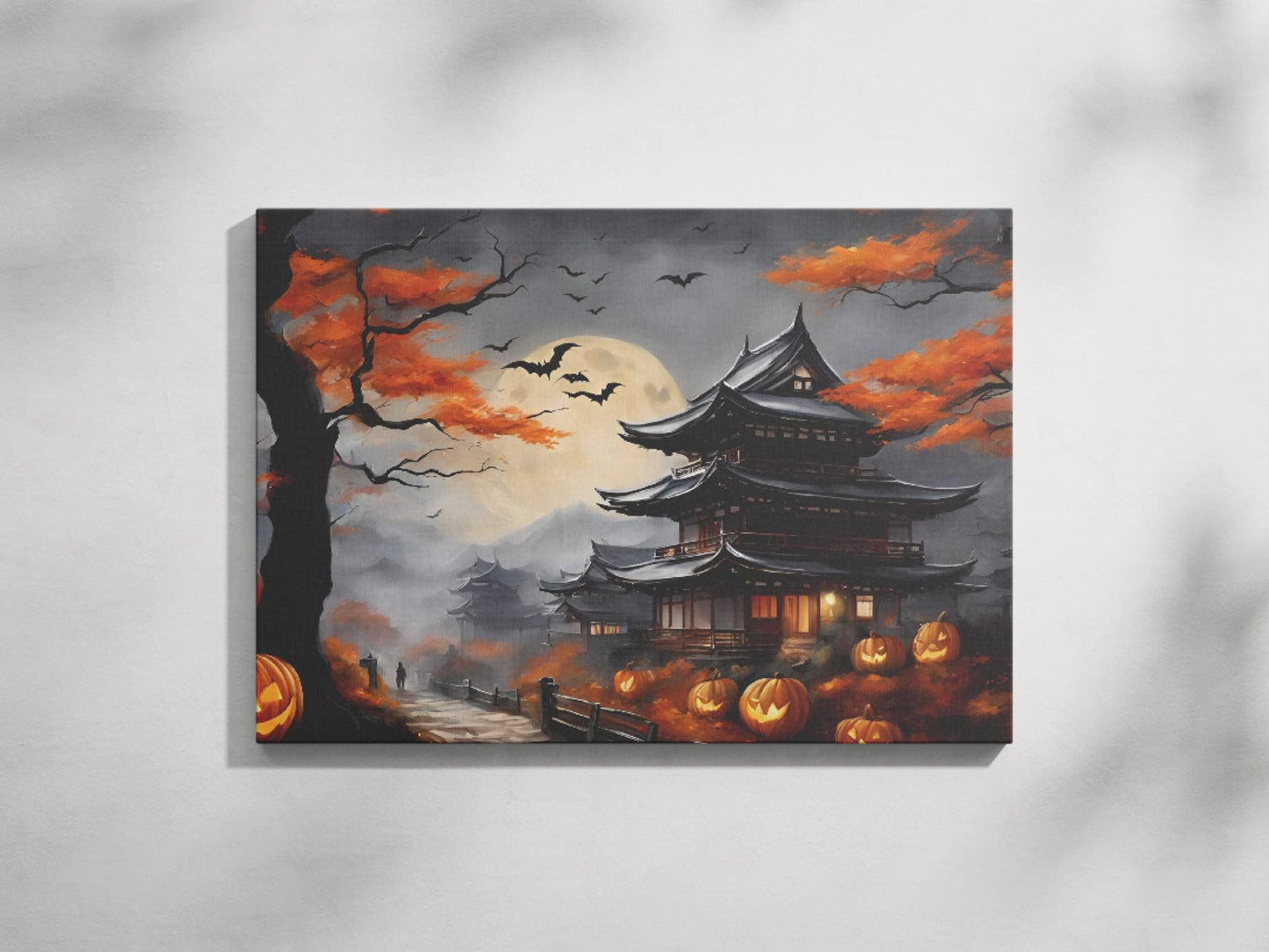 a painting of a halloween scene with pumpkins