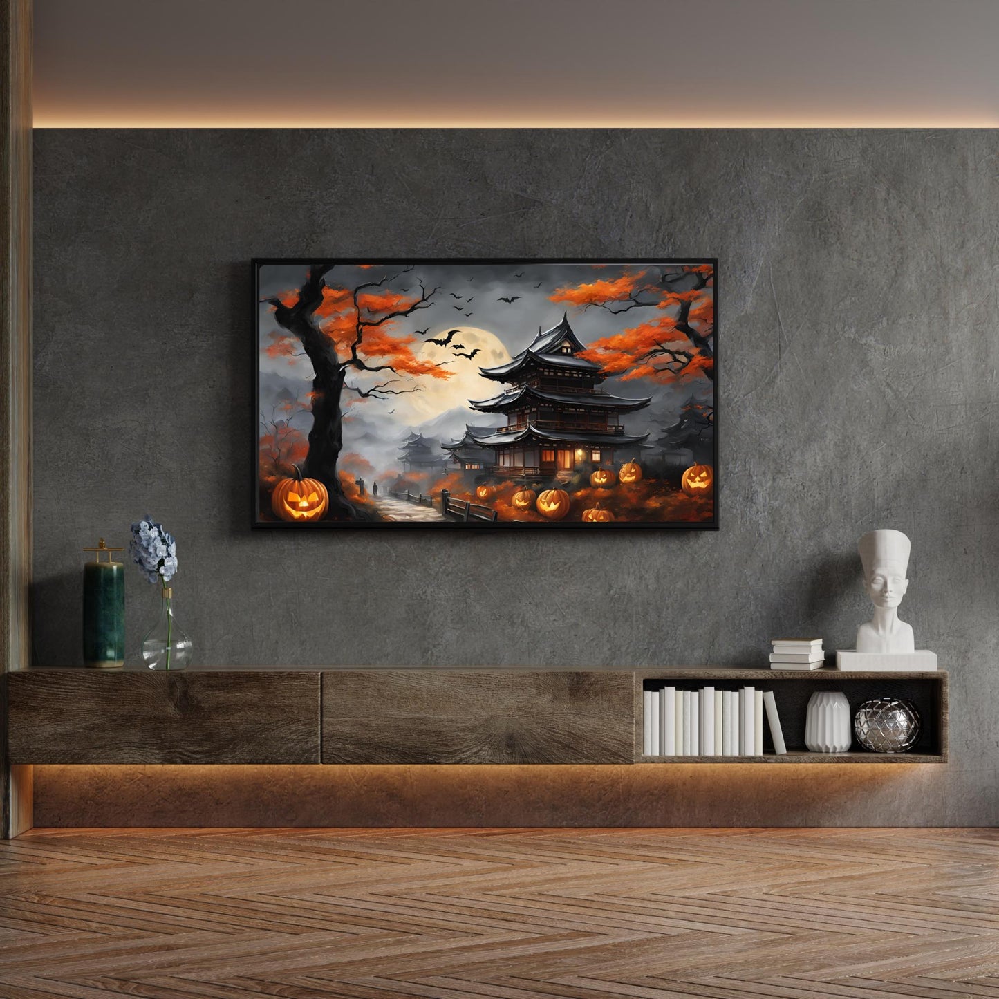 a living room with a painting on the wall