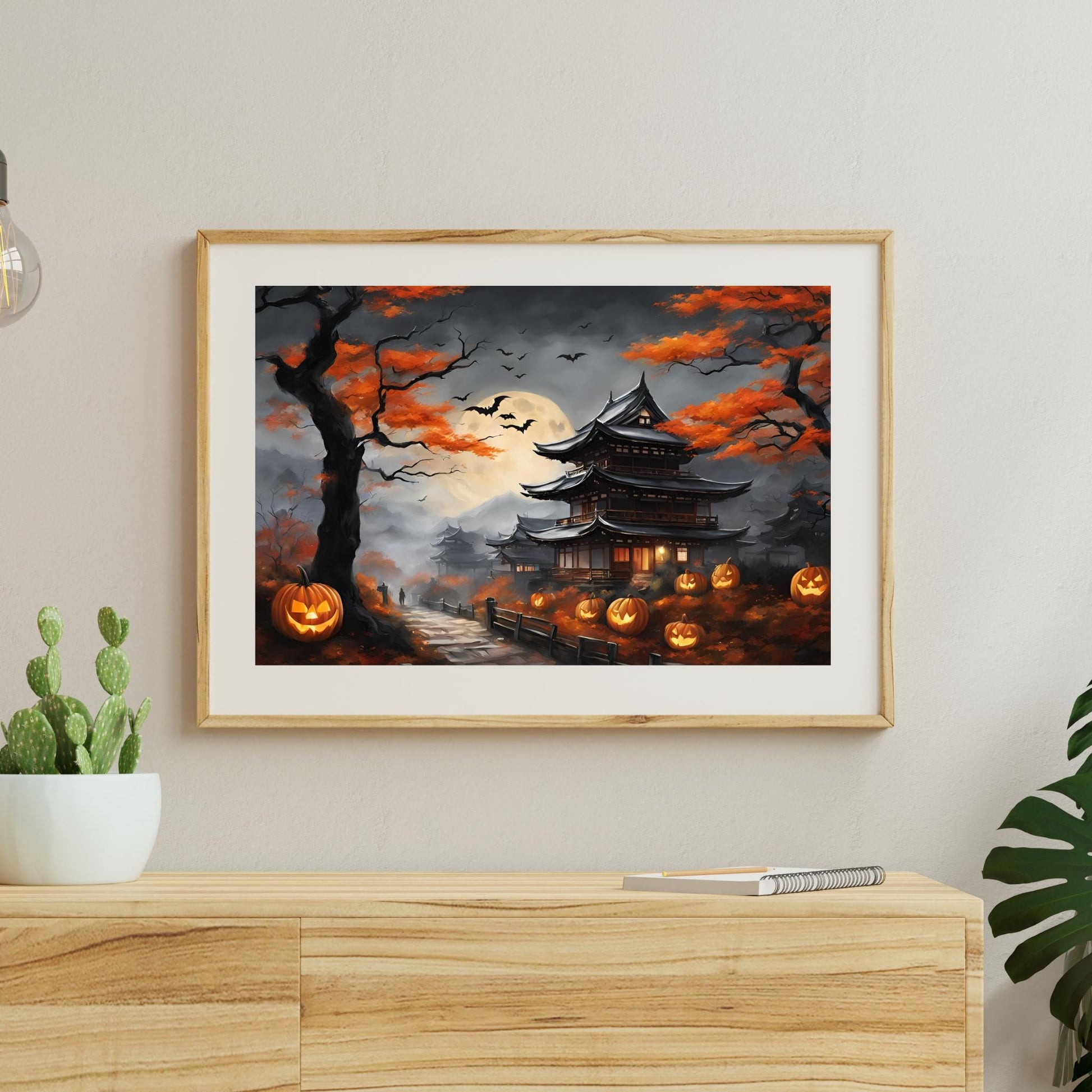 a painting of a halloween scene with pumpkins