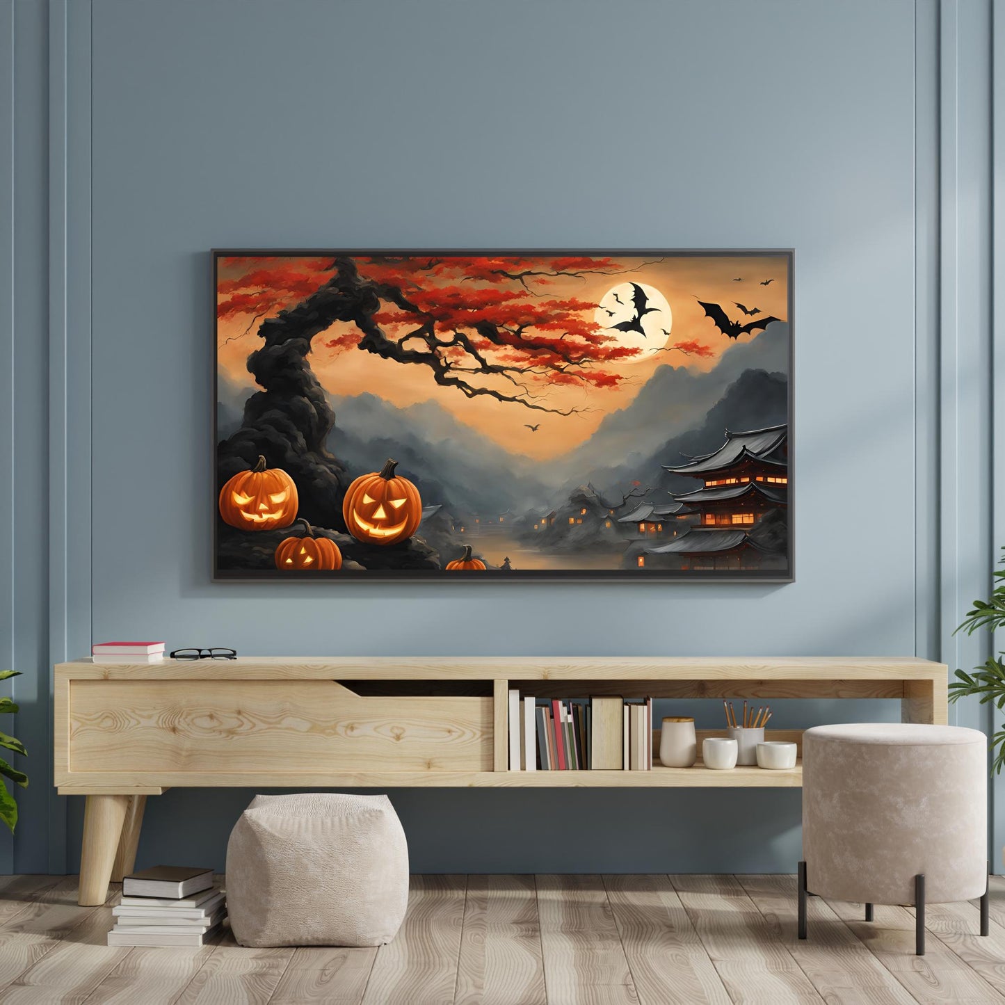 a painting of a halloween scene with pumpkins