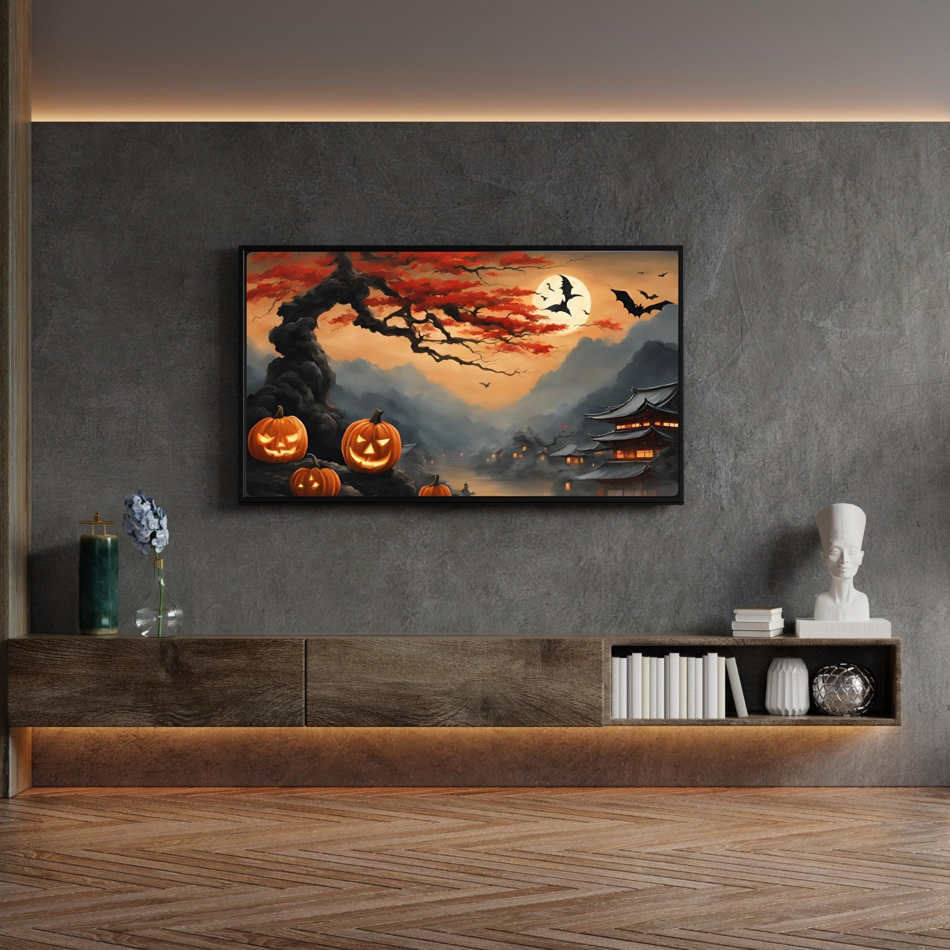 a painting of a halloween scene with pumpkins