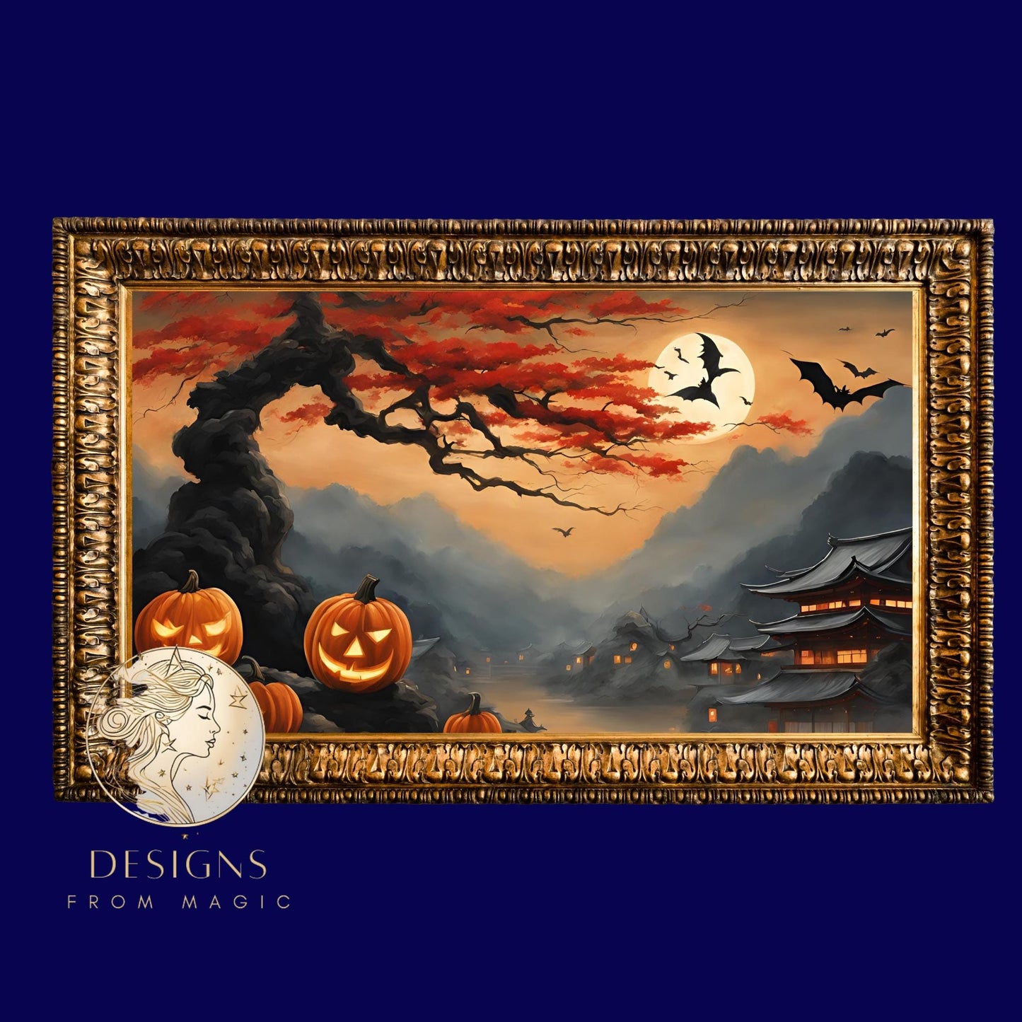 a painting of a halloween scene with pumpkins and bats