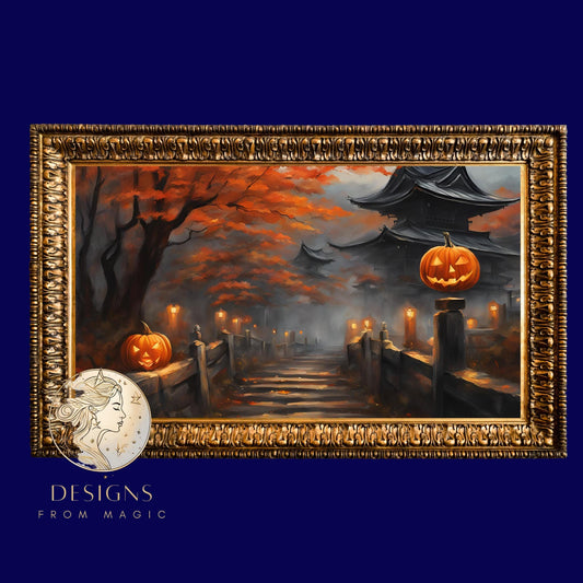 a painting of a halloween scene with pumpkins