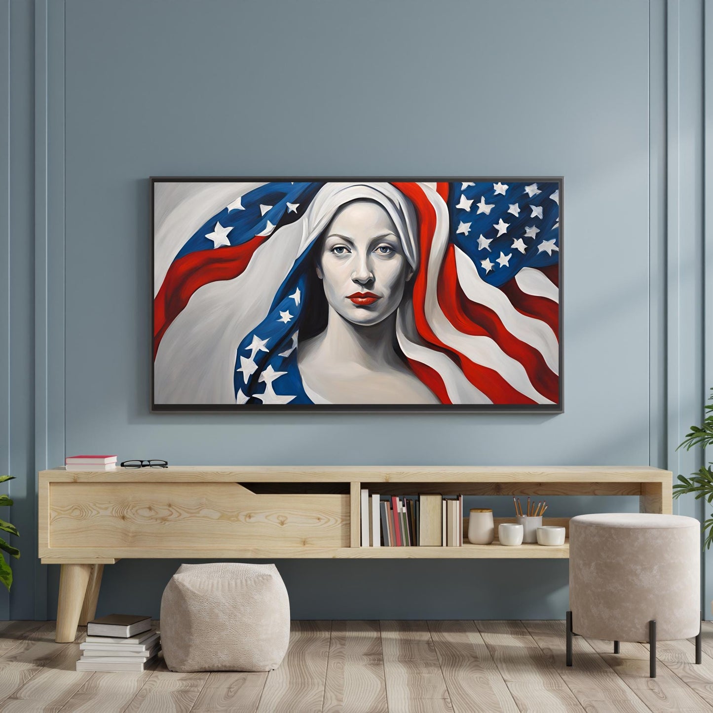 a painting of a woman with an american flag on her head