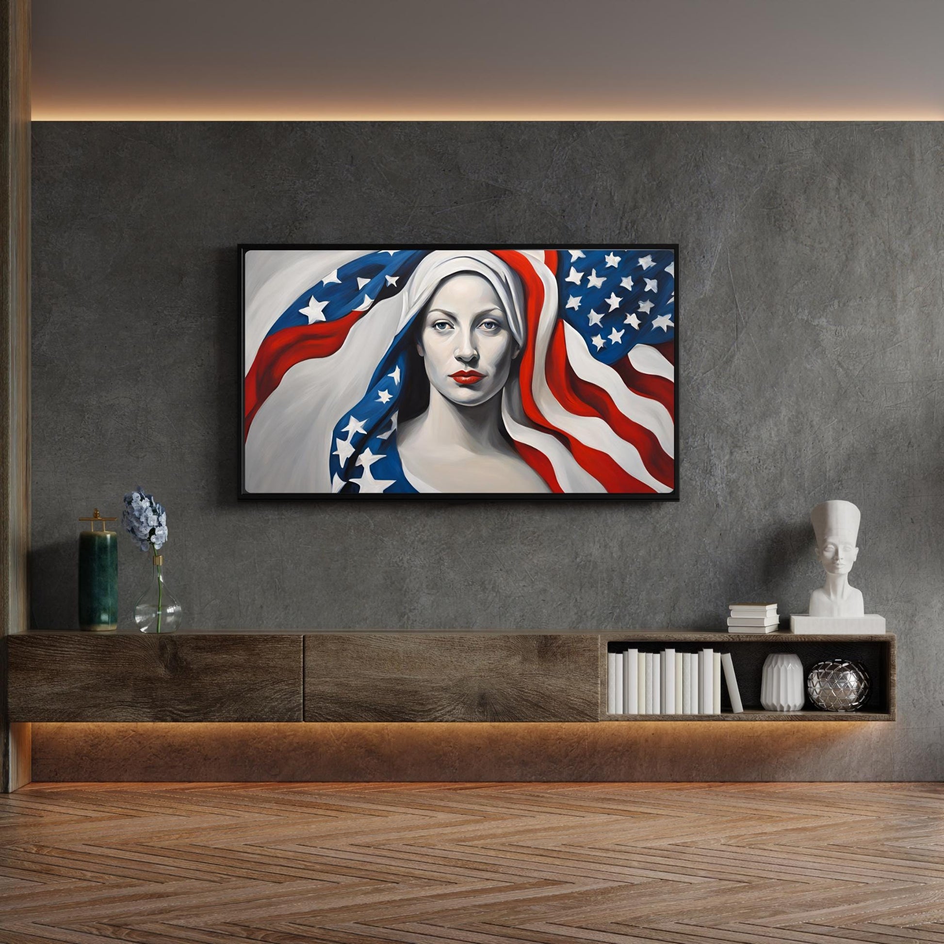 a painting of a woman with an american flag on the wall