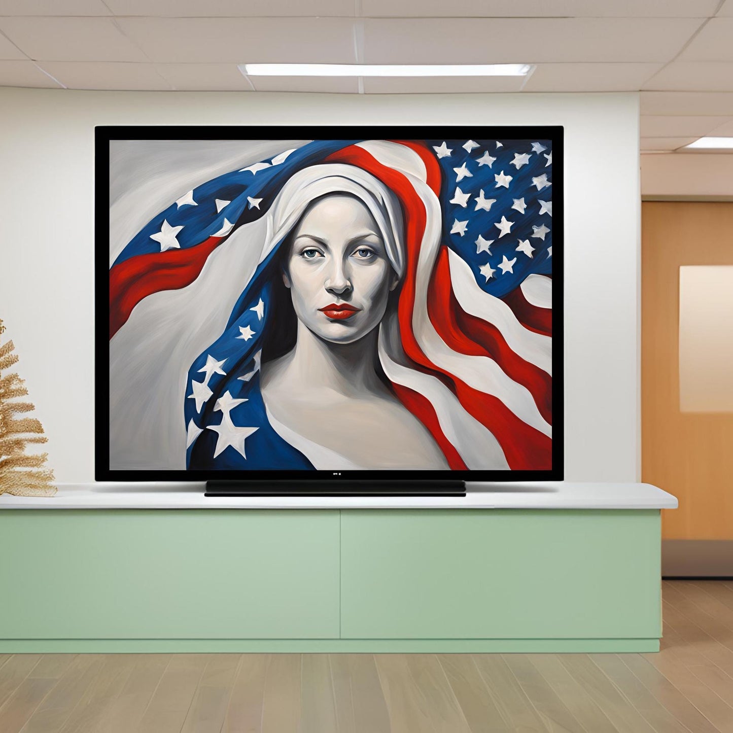 a painting of a woman with an american flag on it