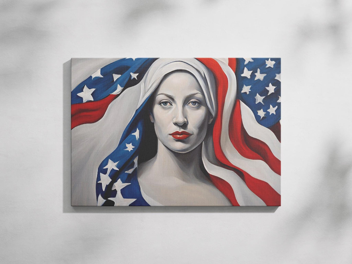 a painting of a woman with an american flag