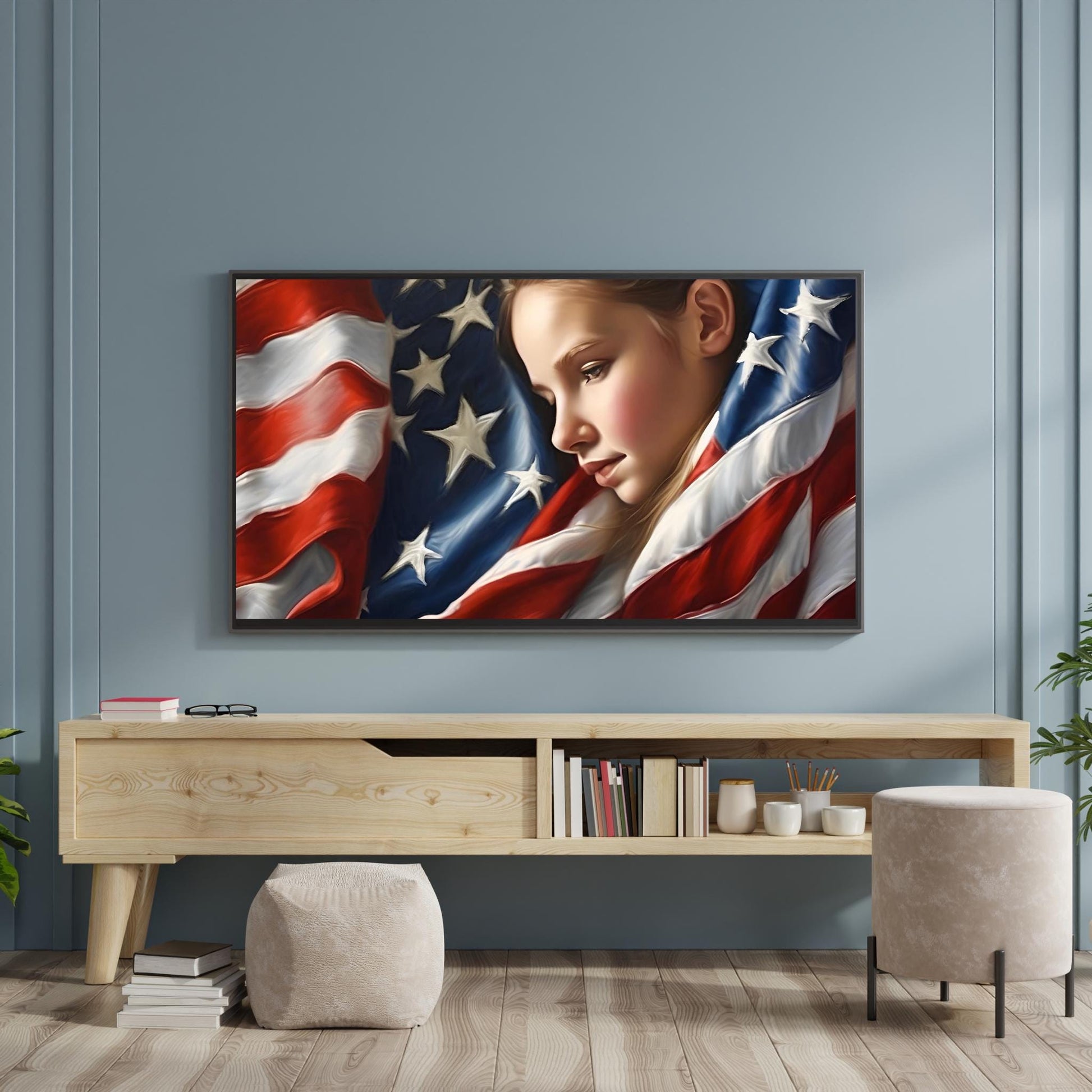 a painting of a woman with an american flag