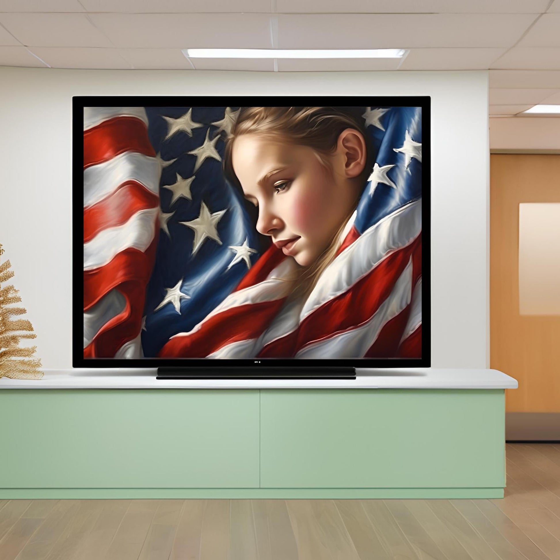 a television screen with a painting of a woman with an american flag on it