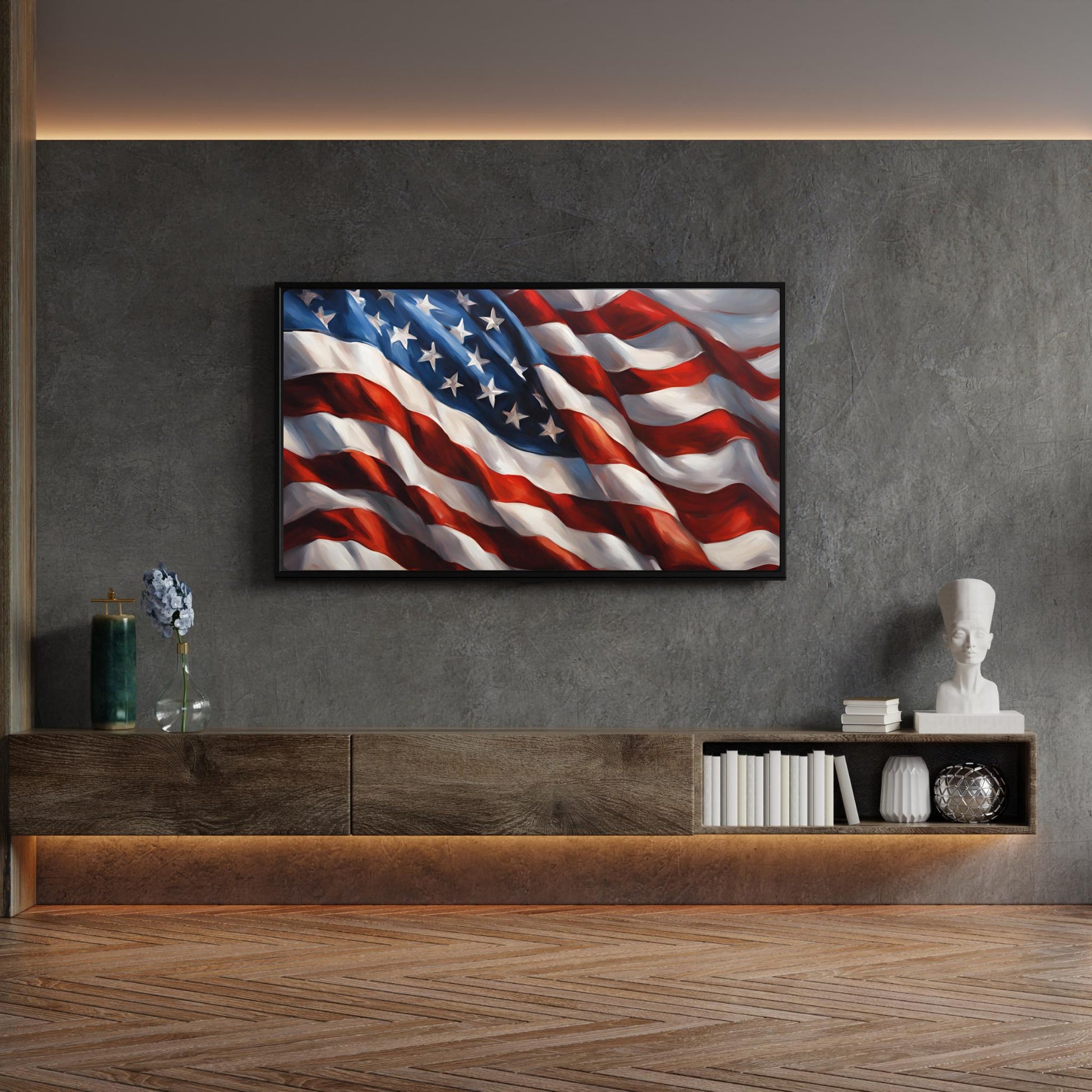 a living room with a large american flag on the wall